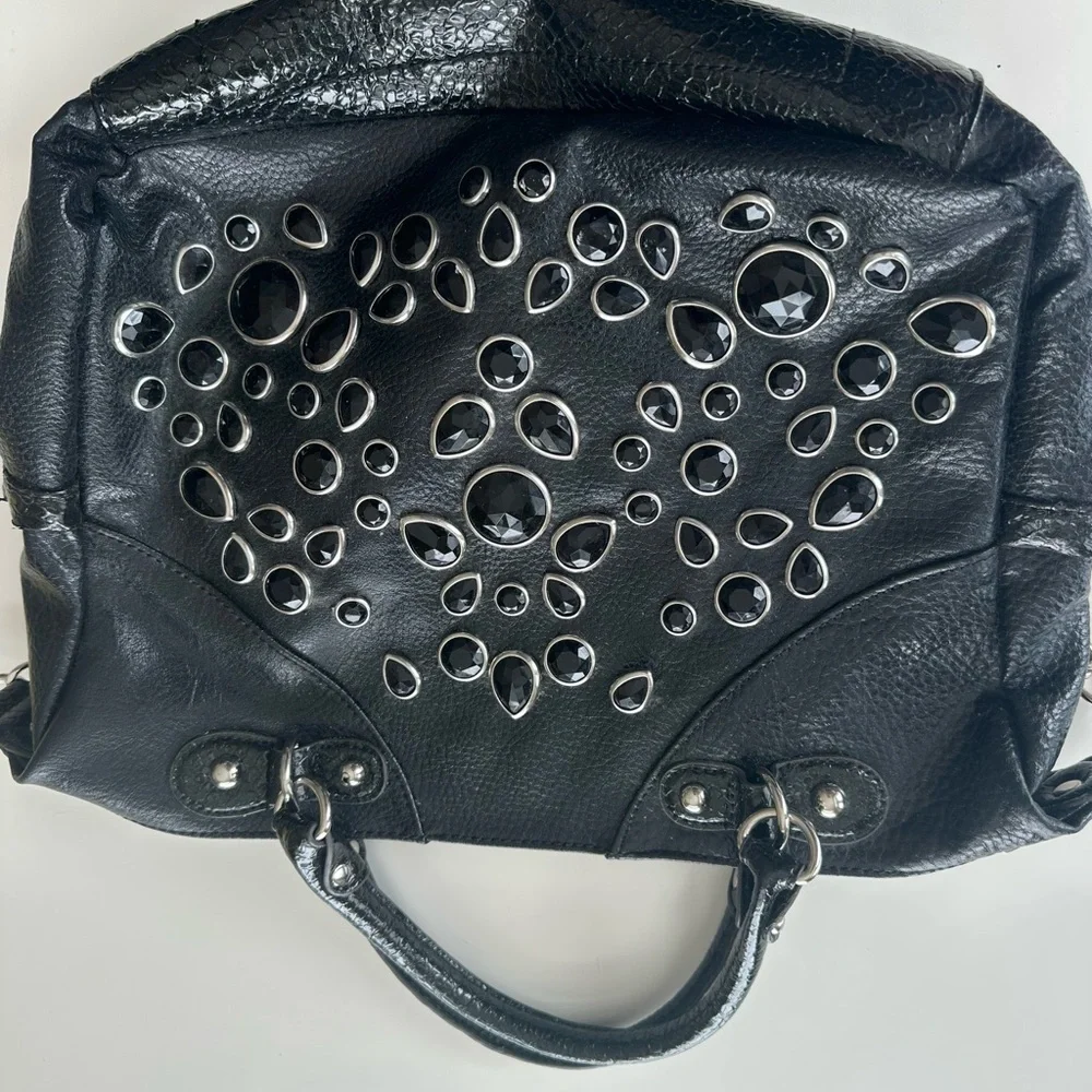 Kathy Van Zealand Y2K Black Studded Gem-Embellished vegan leather Satchel - Picture 6 of 15